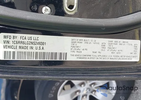 2022 Ram 1500 Classic from USA, damaged, VIN 1C6RR6LG2NS249301